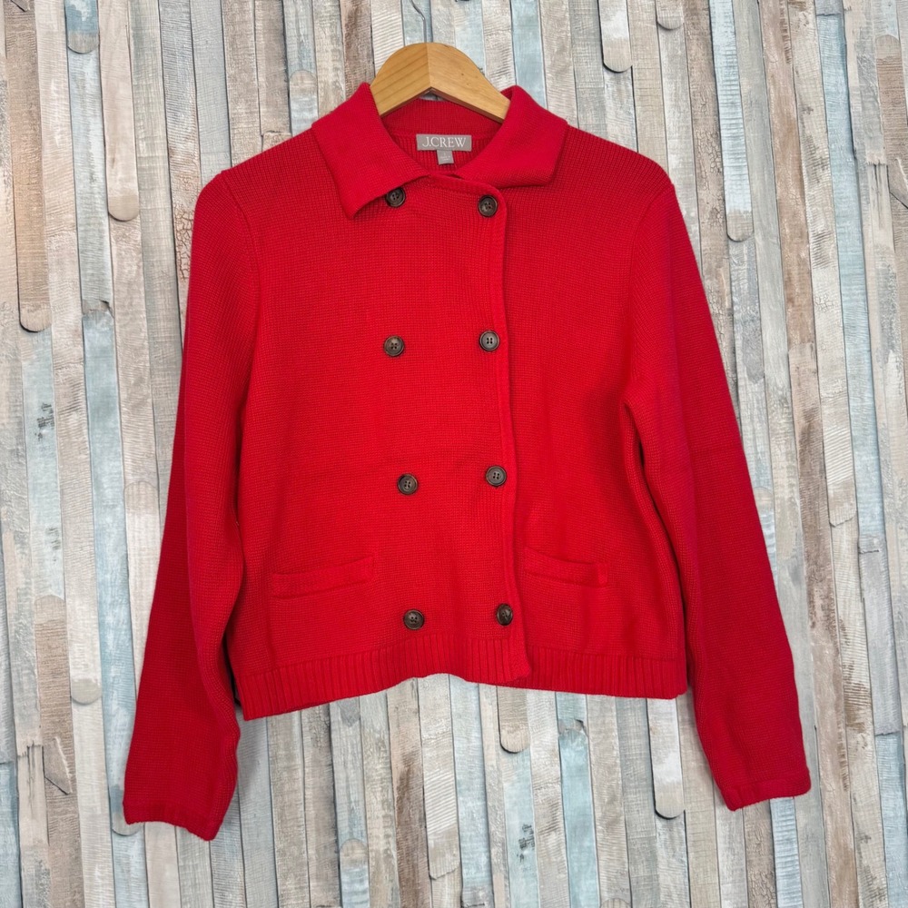 New J Crew Marielle Cropped Cardigan Red Cotton Double Breasted Sweater Jacket L